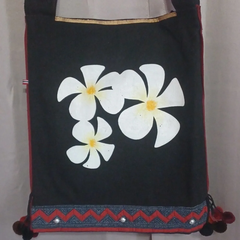 Boho Black Floral Shoulder Bag, Festival, Artisan Style